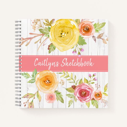 Rosa Blumenzettel Aquarellbuch rustikaler Name Notizblock (Vorderseite)