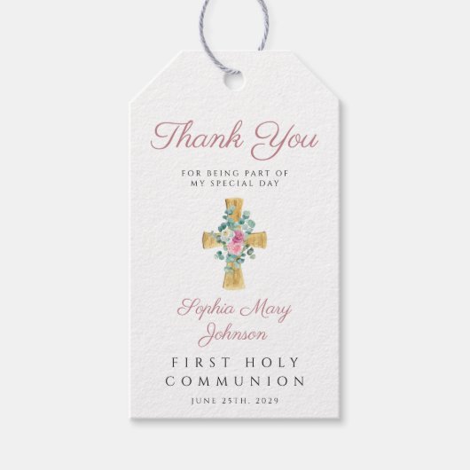 Rosa Blumenzwiebeln kreuzen Erste Kommune Geschenkanhänger (Vorderseite)