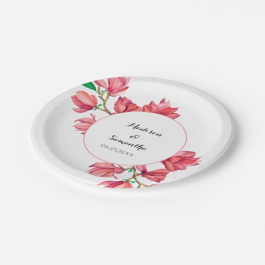 Rosa Blumenzwiese Weißes Magnolia Pappteller (Schrägansicht)