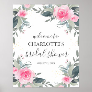 Rosa Blumige Hochzeitsdusche Willkommensschild Poster