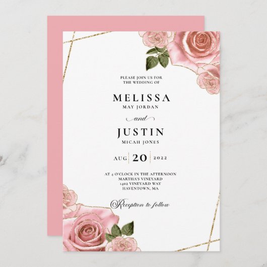 Rosa Blush and Gold Rose Glitzer Wedding Einladung (Vorne/Hinten)