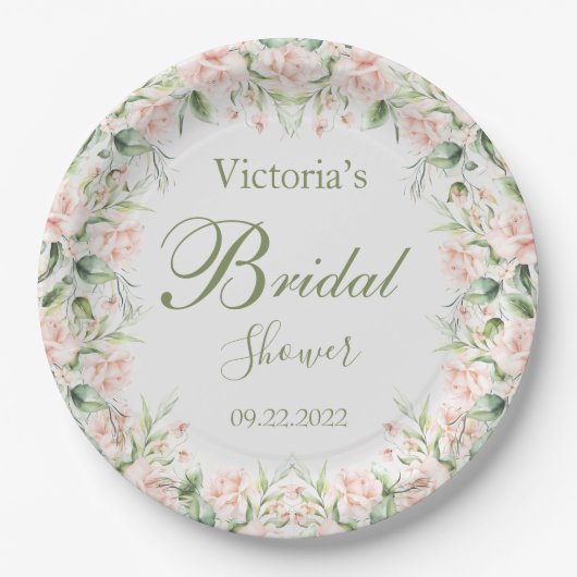 Rosa Blush Bloral Elegantes Brautparty Pappteller (Vorderseite)