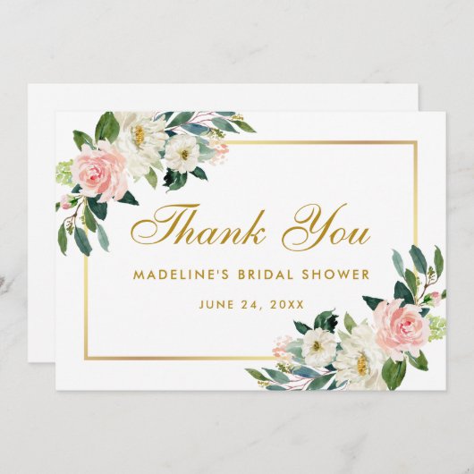 Rosa Blush Bloral Gold Brautparty Danke Einladung (Vorne/Hinten)
