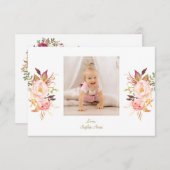 Rosa Blush Bloral Gold Girl Foto Taufe Dankeskarte (Vorne/Hinten)