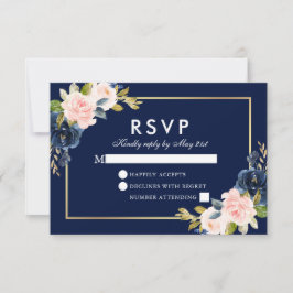 Rosa Blush Bloral Wedding RSVP Blue Gold Karte