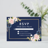 Rosa Blush Bloral Wedding RSVP Blue Gold Karte (Stehend Vorderseite)
