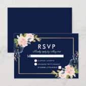 Rosa Blush Bloral Wedding RSVP Blue Gold Karte (Vorne/Hinten)