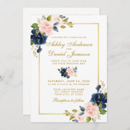 Rosa Blush Blue Floral Gold Foto Hochzeit Einladung