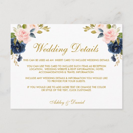Rosa Blush Blue Floral Gold Hochzeitskarte Postkarte (Vorderseite)