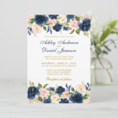 Rosa Blush Blues Elegantes Gold Wedding R Einladung (Stehend Vorderseite)