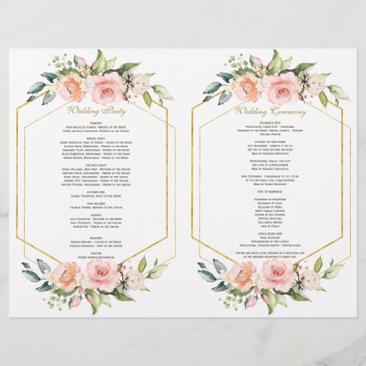 Rosa Blush Blume Gold Frame Hochzeitsprogramm (Hinten)