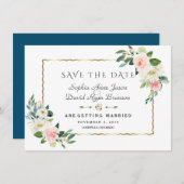 Rosa Blush Blume Gold Frame Navy Blue Wedding Save The Date (Vorne/Hinten)