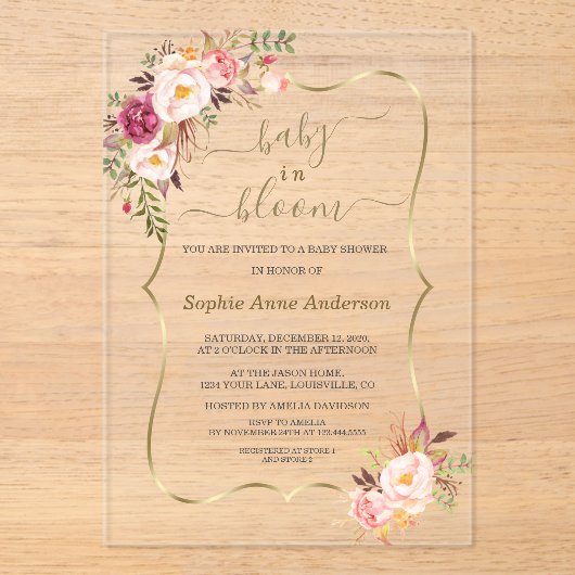 Rosa Blush Blume Gold Girl Baby Dusche Acryleinladungen (Vorderseite)