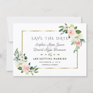 Rosa Blush Blumen Goldrahmen Navy Blau Hochzeit Save The Date