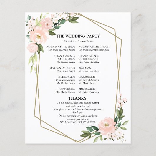 Rosa Blush Blumenkohl Hochzeitsfeier (Rückseite)