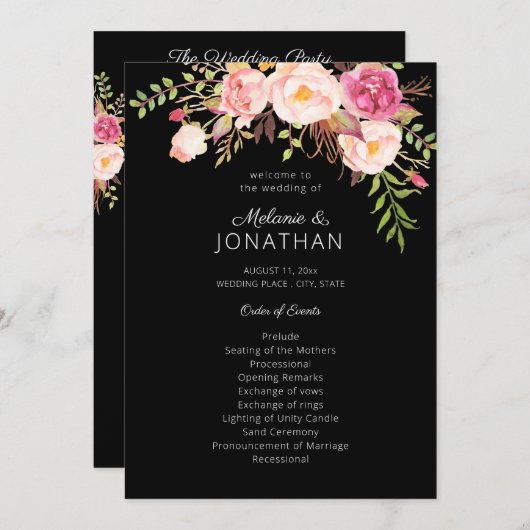 Rosa Blush Blumenzeremonie Programm Schwarz (Vorne/Hinten)
