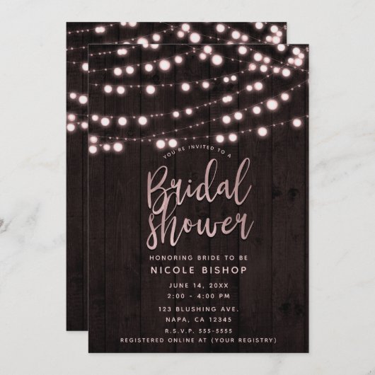 Rosa Blush Brown Rustic Wood Lights Brautparty Einladung (Vorne/Hinten)