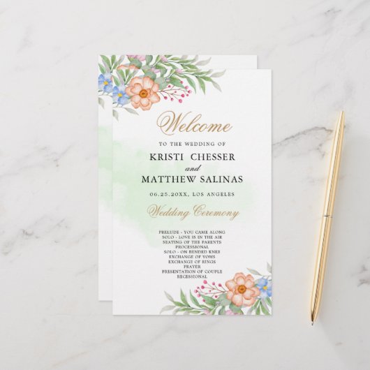 Rosa Blush Eukalyptus Floral Wedding Program Card (Vorderseite/Rückseite Beispiel)