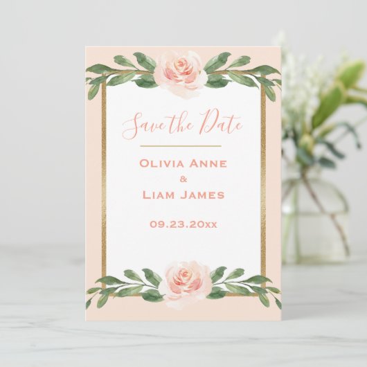 Rosa Blush Floral Elegantes Script Gold Hochzeit Save The Date (Stehend Vorderseite)