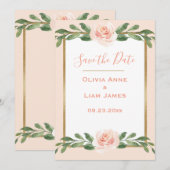 Rosa Blush Floral Elegantes Script Gold Hochzeit Save The Date (Vorne/Hinten)