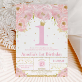Rosa Blush Floral Gold 1. Geburtstag Girl Prinzess Einladung