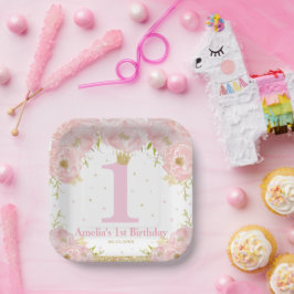 Rosa Blush Floral Gold 1. Geburtstag Girl Prinzess Pappteller