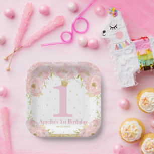 Rosa Blush Floral Gold 1. Geburtstag Girl Prinzess Pappteller