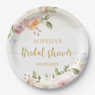 Rosa Blush Floral Gold Brautparty Pappteller