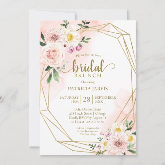 Rosa Blush Floral Gold Geometrie Bridal Brunch Einladung (Vorderseite)