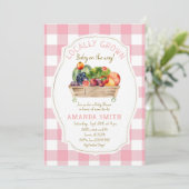 Rosa Blush Frucht Veggies Gingham Baby Dusche Einladung (Stehend Vorderseite)