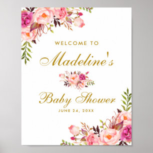Rosa Blush Gold Bloral Baby Dusche Willkommen Poster