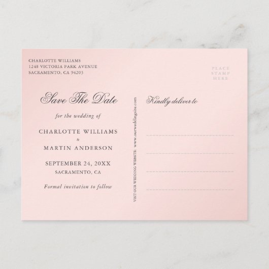 Rosa Blush Gold Blues Hochzeit retten das Datum Ankündigungspostkarte (Rückseite)