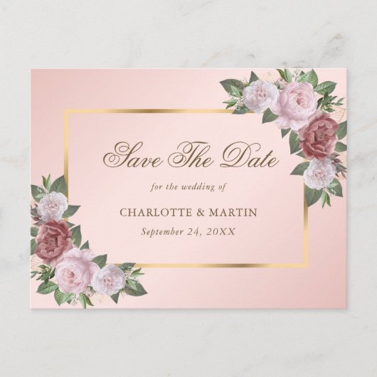 Rosa Blush Gold Blues Hochzeit retten das Datum Ankündigungspostkarte (Vorderseite)