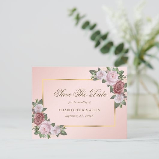 Rosa Blush Gold Blues Hochzeit retten das Datum Ankündigungspostkarte (Stehend Vorderseite)