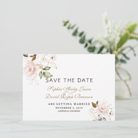 Rosa Blush Gold Blues Hochzeit retten das Datum Save The Date (Stehend Vorderseite)