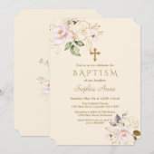 Rosa Blush Gold Blume Cross Champagne Taufe Einladung (Vorne/Hinten)
