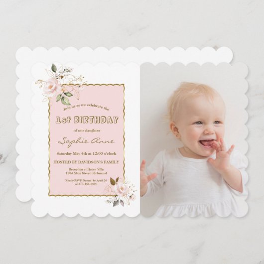 Rosa Blush Gold Blume Foto Girl Einladung (Vorne/Hinten)