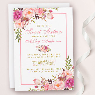 Rosa Blush Gold Blumensaft 16 Geburtstag Einladung