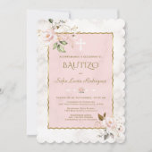 Rosa Blush Gold Einladung De Bautizo Con Flores (Vorderseite)