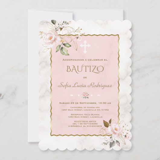 Rosa Blush Gold Einladung De Bautizo Con Flores (Vorderseite)