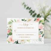 Rosa Blush Gold Floral Gold Hochzeit RSVP (Stehend Vorderseite)
