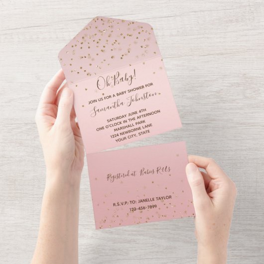 Rosa Blush Gold Glitzy Confetti Wedding All In One Einladung (Abreißen)