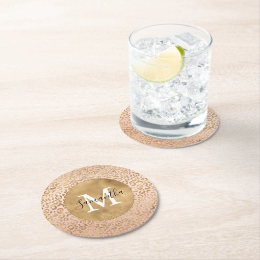 Rosa Blush Gold Leopard Print Glitz Sparkor Runder Pappuntersetzer (Vor Ort)