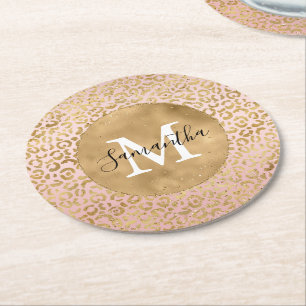 Rosa Blush Gold Leopard Print Glitz Sparkor Runder Pappuntersetzer