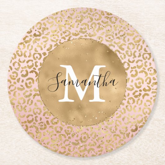 Rosa Blush Gold Leopard Print Glitz Sparkor Runder Pappuntersetzer (Vorderseite)