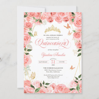 Rosa Blush Gold Rose Elegante Butterfly Quinceaner Einladung