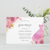 Rosa Blush & Gold Sparkleider Blumenkohl Quinceane Einladung (Stehend Vorderseite)