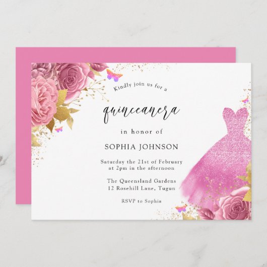 Rosa Blush & Gold Sparkleider Blumenkohl Quinceane Einladung (Vorne/Hinten)
