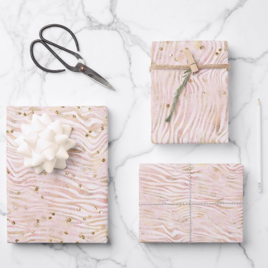 Rosa Blush Gold Zebra Print Glitz Geschenkpapier Set (Vorderseite)