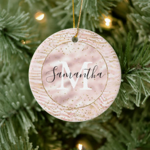 Rosa Blush Gold Zebra Print Glitz Monogram Keramik Ornament